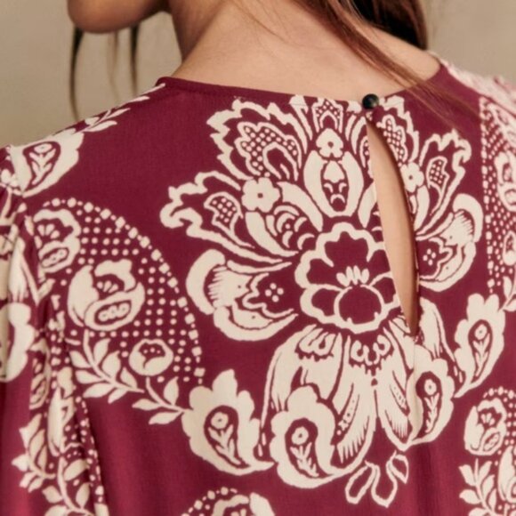 Sezane Andrea Dress Size 46 French US 14 Ornamental Print Burgundy Ecru Shift - Picture 2 of 14